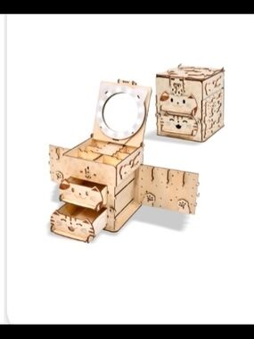 3D Wooden Puzzle For Adults  Wooden Cat Face Jewelry Box with Mirror